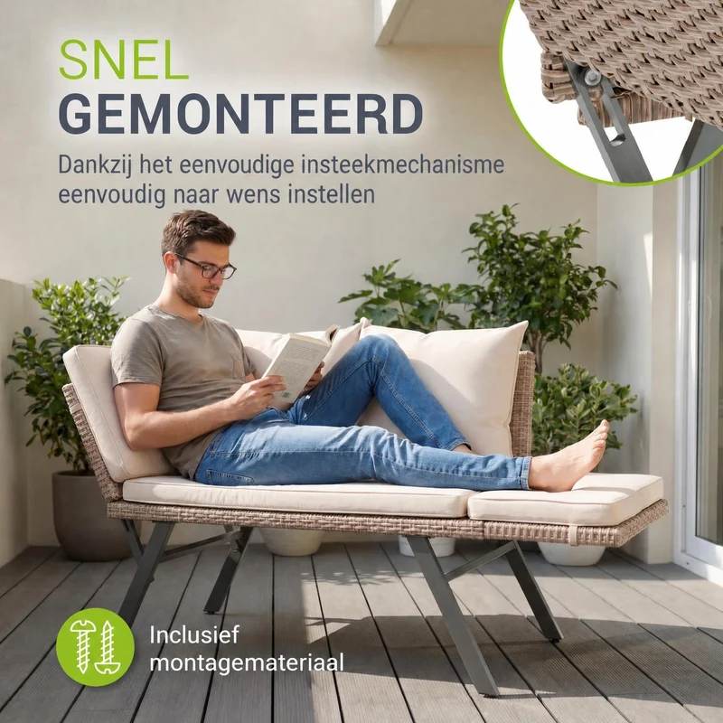 Polyrattan Multifunktionsbank Calvia Schwarz/Grau/Creme