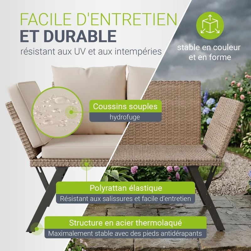 Polyrattan Multifunktionsbank Calvia Schwarz/Grau/Creme