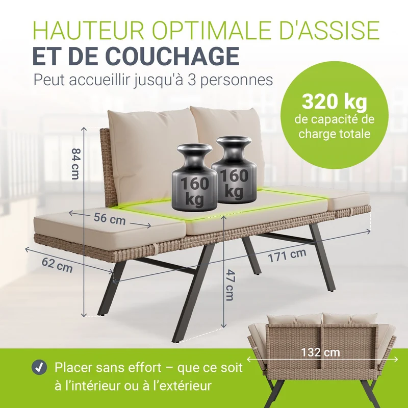Polyrattan Multifunktionsbank Calvia Schwarz/Grau/Creme