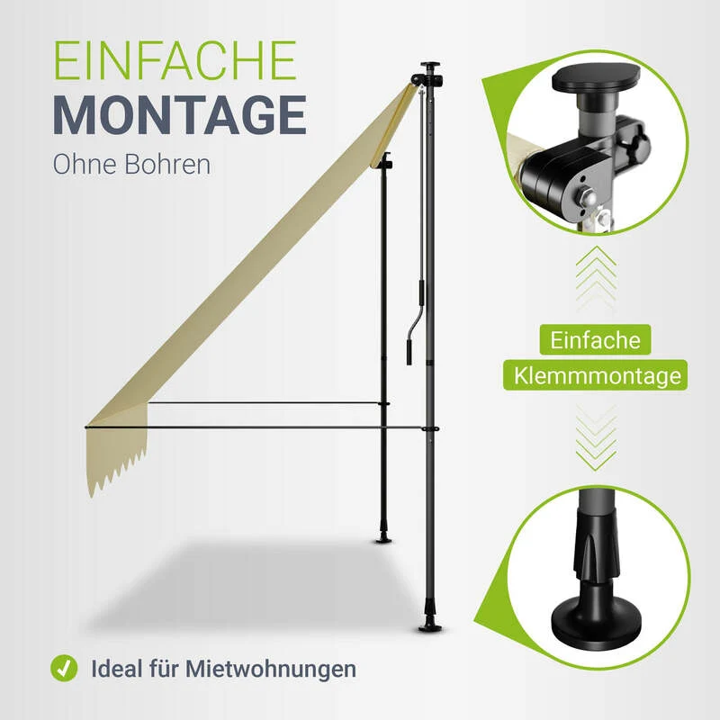 B-Ware Klemmmarkise Kapstadt 250x120 cm UV-beständig Handkurbel ohne Bohren beige