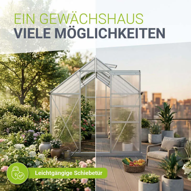 B-Ware Aluminium Gewächshaus Gewächshaus mit Fundament 190x253cm für Pflanzenpflege