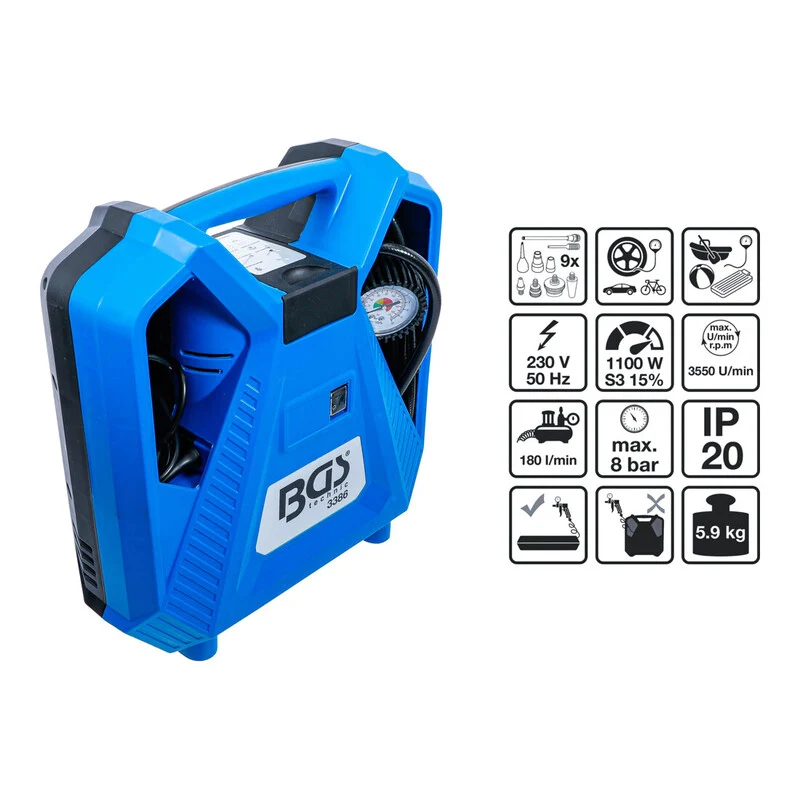 B-Ware BGS technic Druckluft Kompressor 3386 tragbar 1100W 8bar 180l/min Adapter-Set