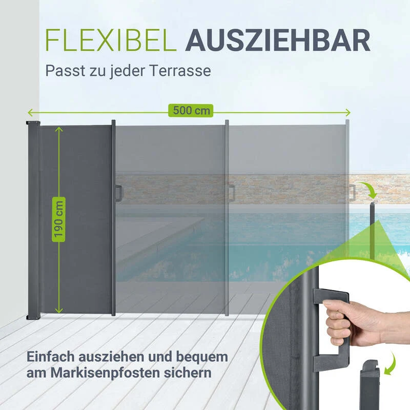 B-Ware Seitenmarkise Dubai Sichtschutz Garten Terrasse 500x190cm Dunkelgrau Polyester
