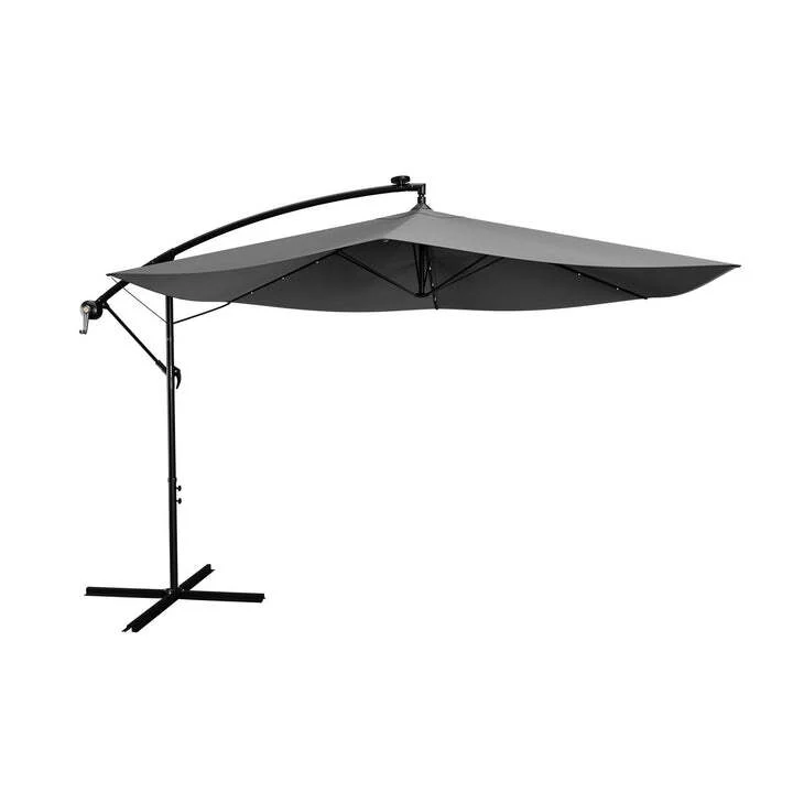 B-Ware Ampelschirm Garten Brazil Sonnenschirm mit LED Kurbel und Standfuß grau 300cm