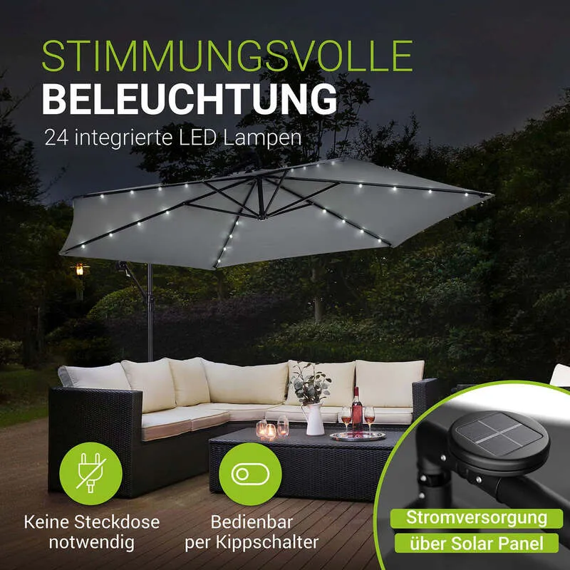 B-Ware Ampelschirm Garten Brazil Sonnenschirm mit LED Kurbel und Standfuß grau 300cm