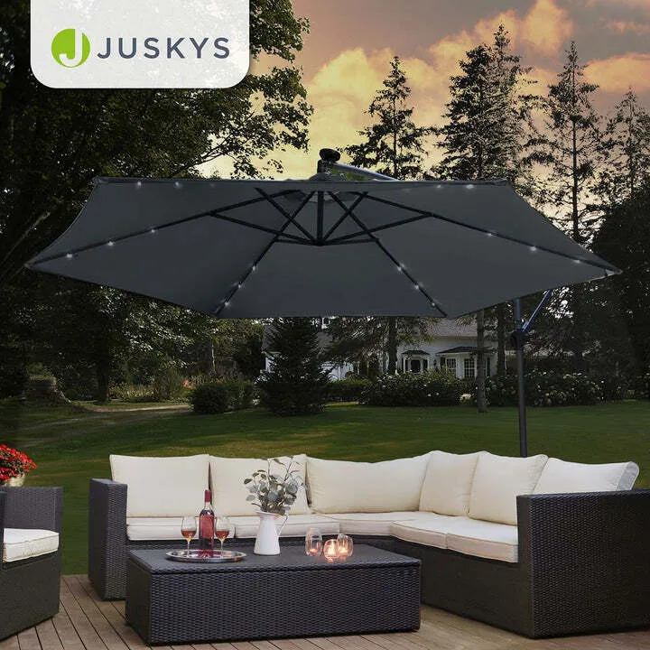 B-Ware Ampelschirm Garten Brazil Sonnenschirm mit LED Kurbel und Standfuß grau 300cm
