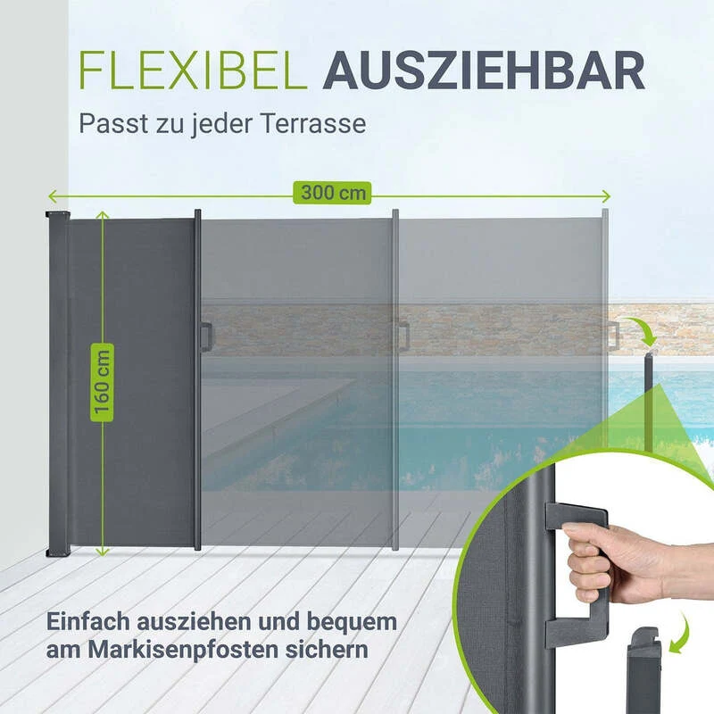 B-Ware Seitenmarkise Dubai Sichtschutz Garten Terrasse Dunkelgrau 300x160cm ausziehbar
