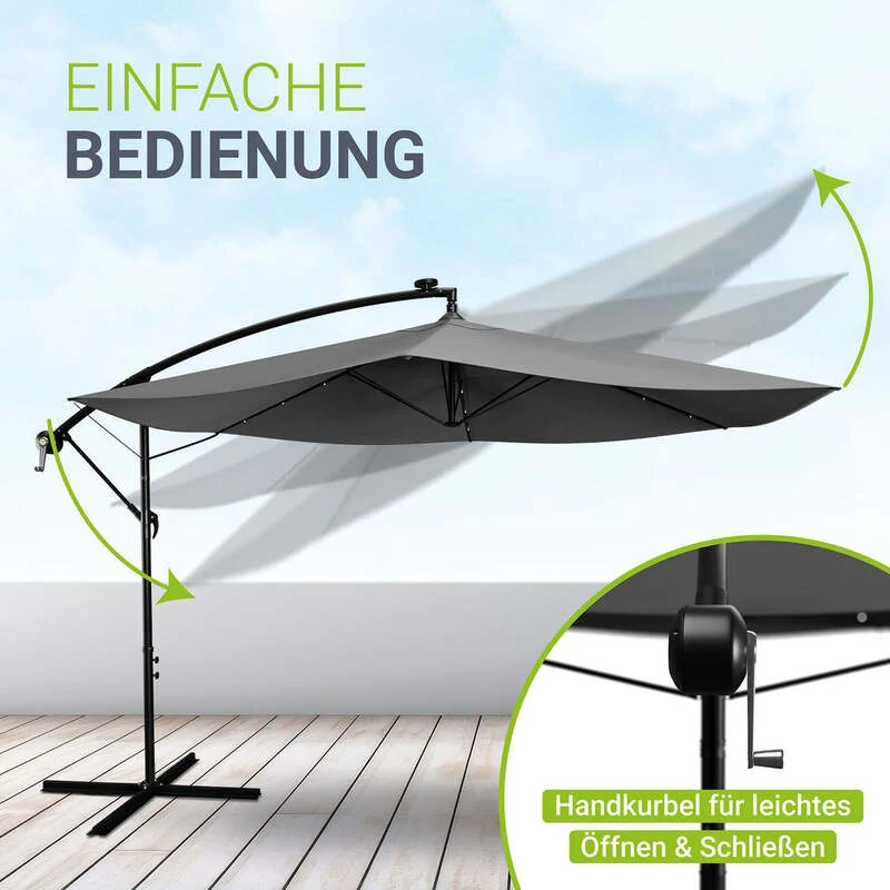 B-Ware Ampelschirm Garten Brazil Sonnenschirm mit LED Kurbel und Standfuß grau 300cm