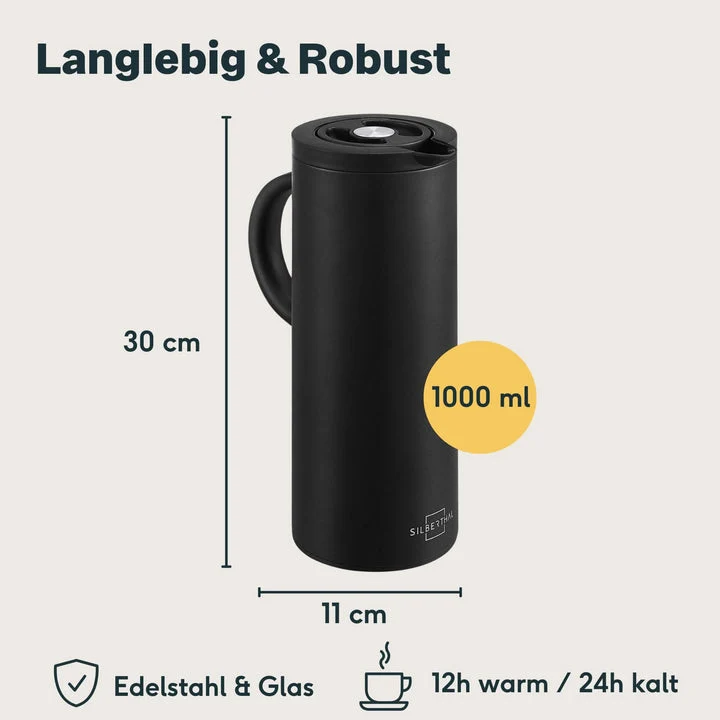 B-Ware SILBERTHAL Thermoskanne Kaffeekanne Isolierkanne Glaseinsatz Edelstahl 1L