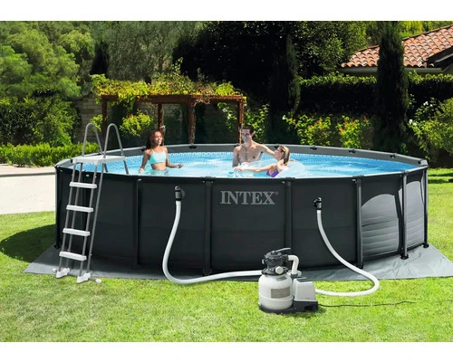 B-Ware Intex Aufstellpool Framepool Ø 549 cm anthrazit Poolset mit Filteranlage Leiter