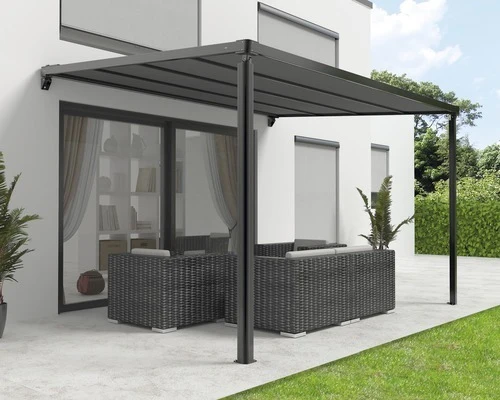 B-Ware Pergola Stoffdach anthrazit Gestell RAL 9011 graphit Motor LED Remote 394x394 cm