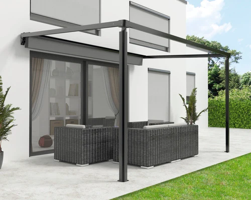 B-Ware Pergola Stoffdach anthrazit Gestell RAL 9011 graphit Motor LED Remote 394x394 cm