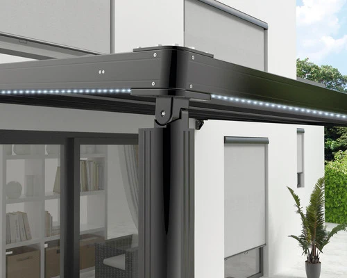 B-Ware Pergola Stoffdach anthrazit Gestell RAL 9011 graphit Motor LED Remote 394x394 cm