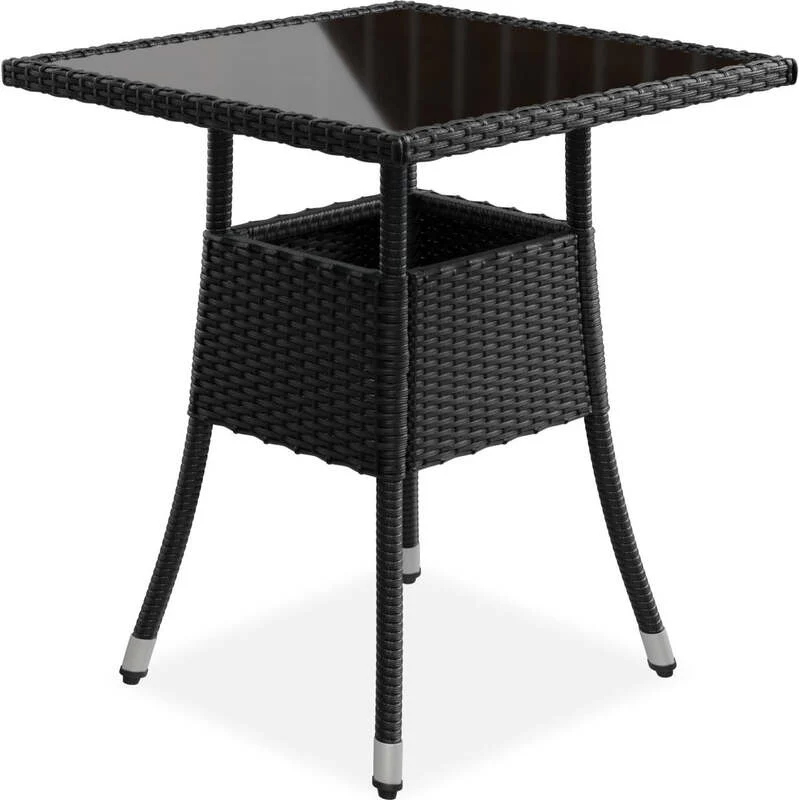B-Ware Eckiger Gartentisch Yoro Polyrattan Glasplatte wetterbeständig 60 cm schwarz