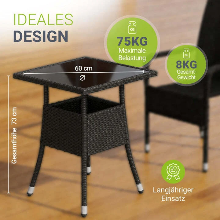 B-Ware Eckiger Gartentisch Yoro Polyrattan Glasplatte wetterbeständig 60 cm schwarz