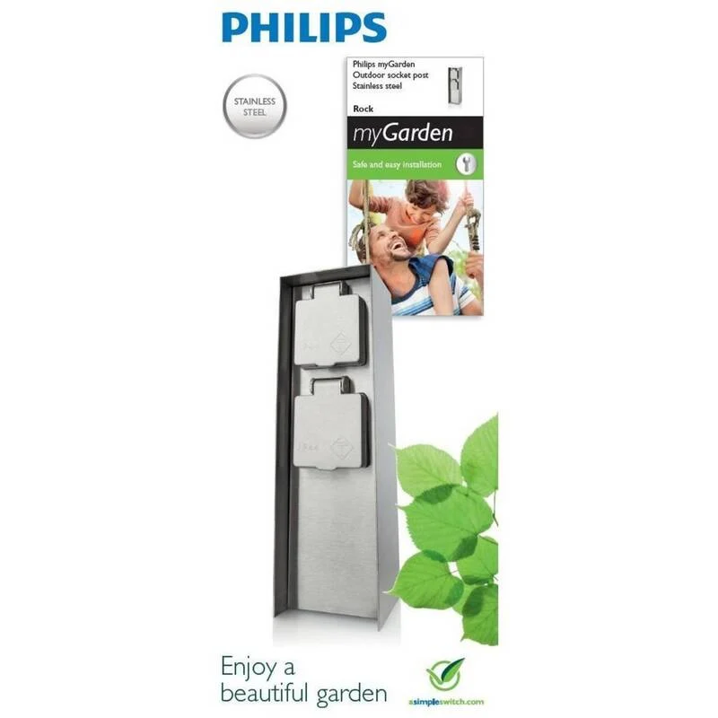 B-Ware Philips LED Gartensteckdose Edelstahl 2-fach wetterfest IP44 für Außenbereich