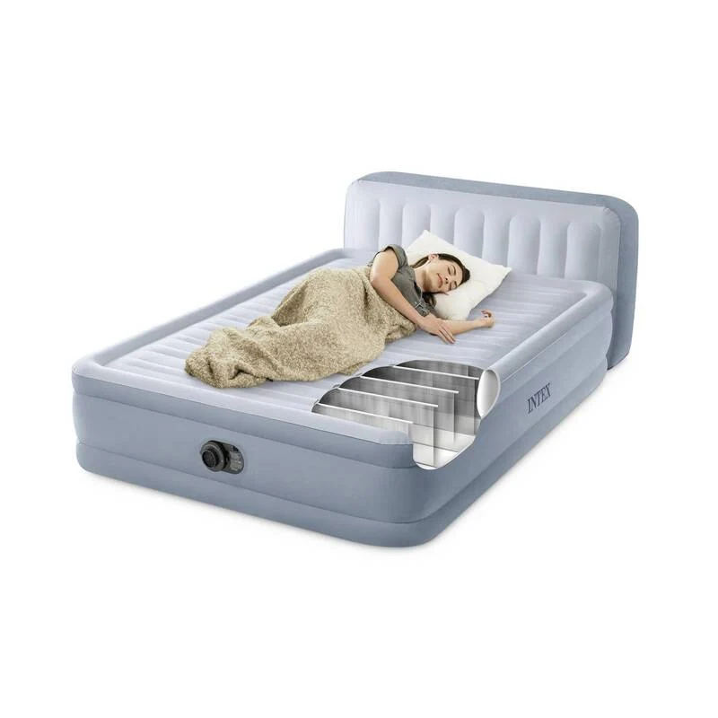 B-Ware Intex Luftbett Gästebett Airbed Faserstruktur Queen Kopfteil Blau mit Pumpe