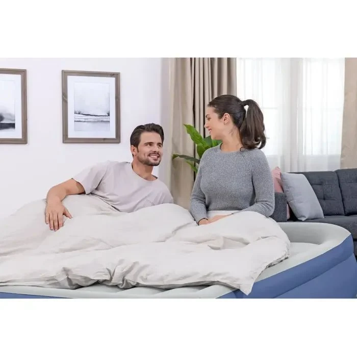 B-Ware Bestway Luftmatratze Kingsize Rechteckig Blau Weiß Luftbett mit Kissen und Pumpe