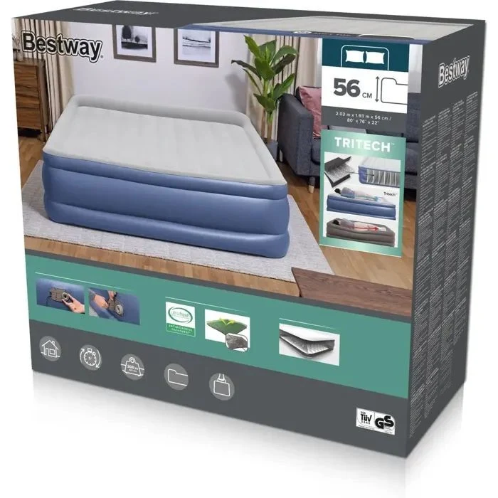 B-Ware Bestway Luftmatratze Kingsize Rechteckig Blau Weiß Luftbett mit Kissen und Pumpe