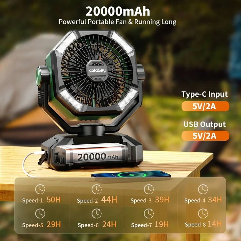 Campingventilator 20.000 mAh met LED-lamp en powerbank