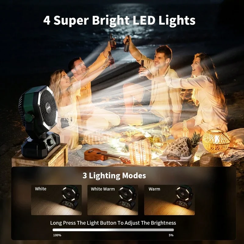 Campingventilator 20.000 mAh met LED-lamp en powerbank