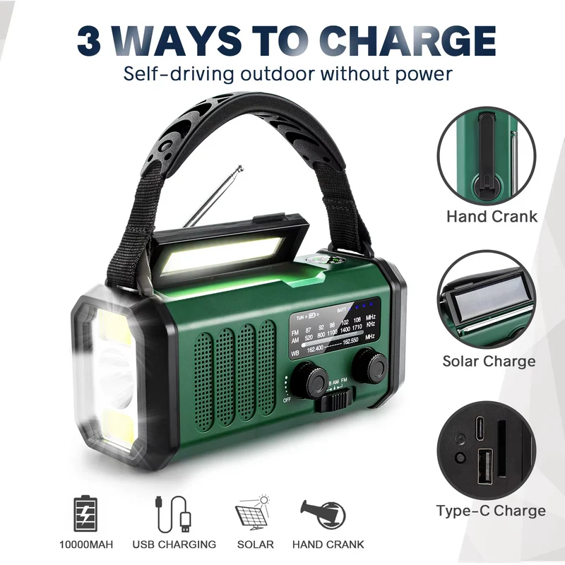 Noodradio Opwindbaar en Zonne-energie - Powerbank 10.000mAh Zaklamp