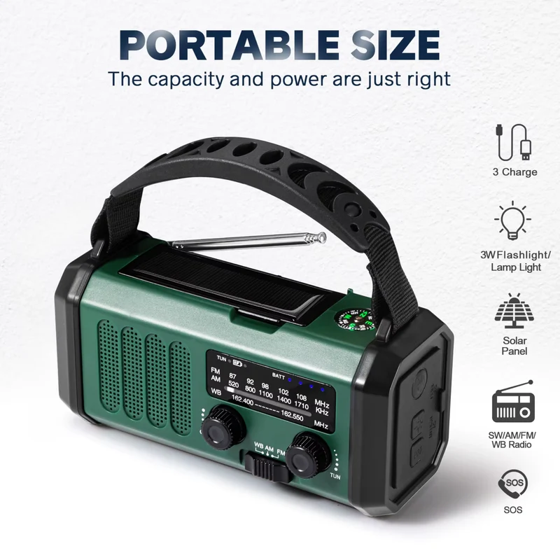 Noodradio Opwindbaar en Zonne-energie - Powerbank 10.000mAh Zaklamp