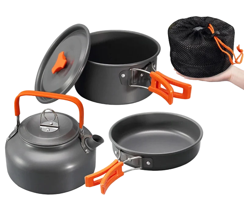 Compacte 2-3 Persoons Kookset met Theepot – Lichtgewicht Aluminium Camping Pannenset