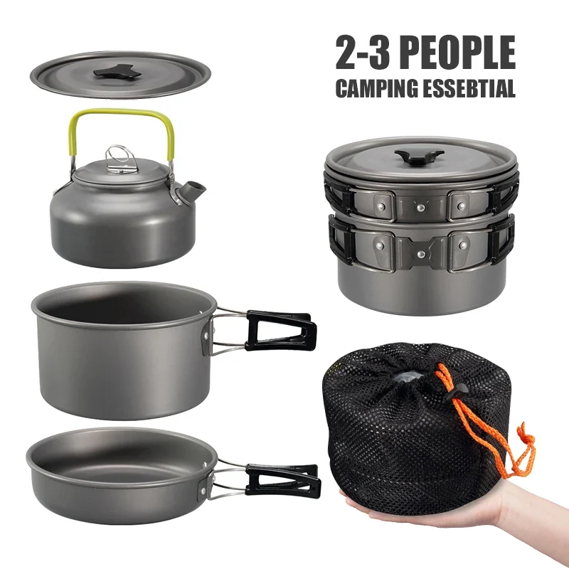 Compacte 2-3 Persoons Kookset met Theepot – Lichtgewicht Aluminium Camping Pannenset