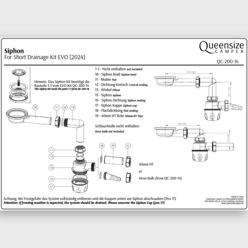Siphon mit Schraubdeckel, passend für Queensize Camper Spülen