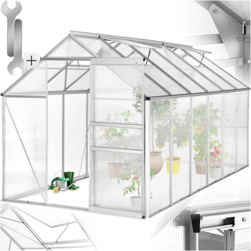 Gewächshaus Aluminium, 375 × 185 × 195 cm, 4 mm, Silber/Transparent, tectake