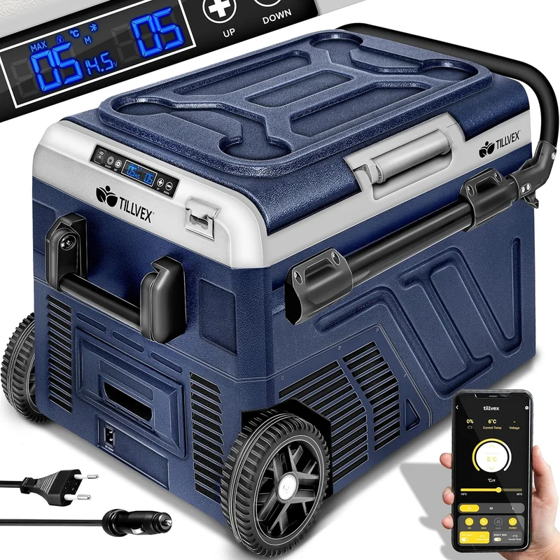 Kühlschrank Kompressor Kühlbox elektrisch 40, 24 V, 230 V, 20 °C, mit WLAN, mit App-Steuerung, für Camping, Navyblau/Schwarz/Silber, tillvex