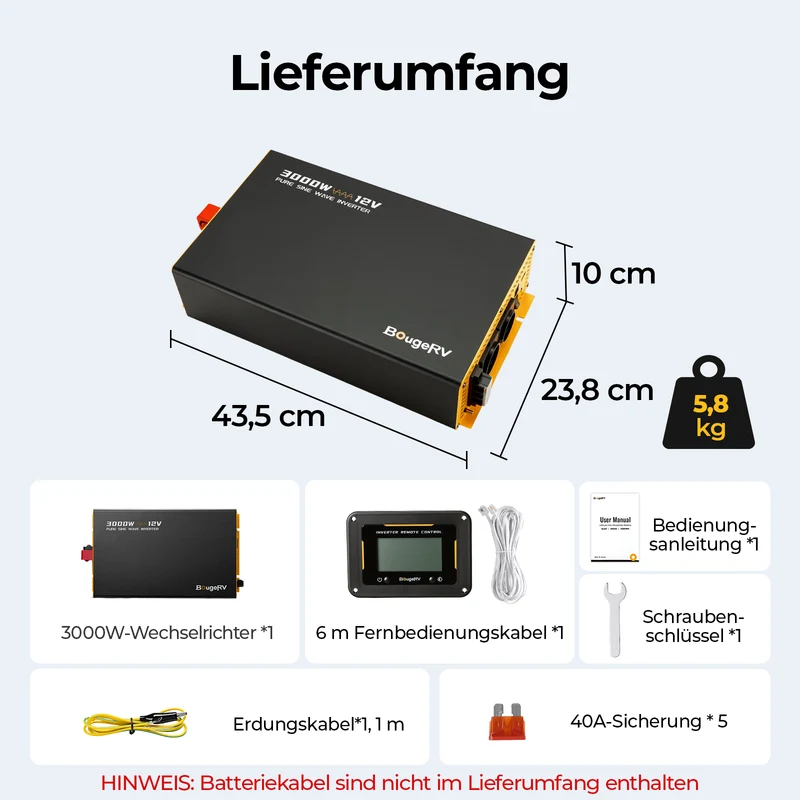 BougeRV 3000 W 12 V Sinus-Wechselrichter mit Bluetooth