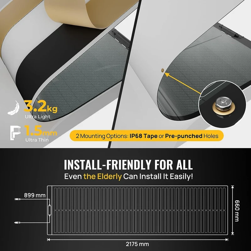 BougeRV 200W CIGS Solarpanel 360° Flexibles Solarmodule (Klebeband) mit 40A Solar-Laderegler