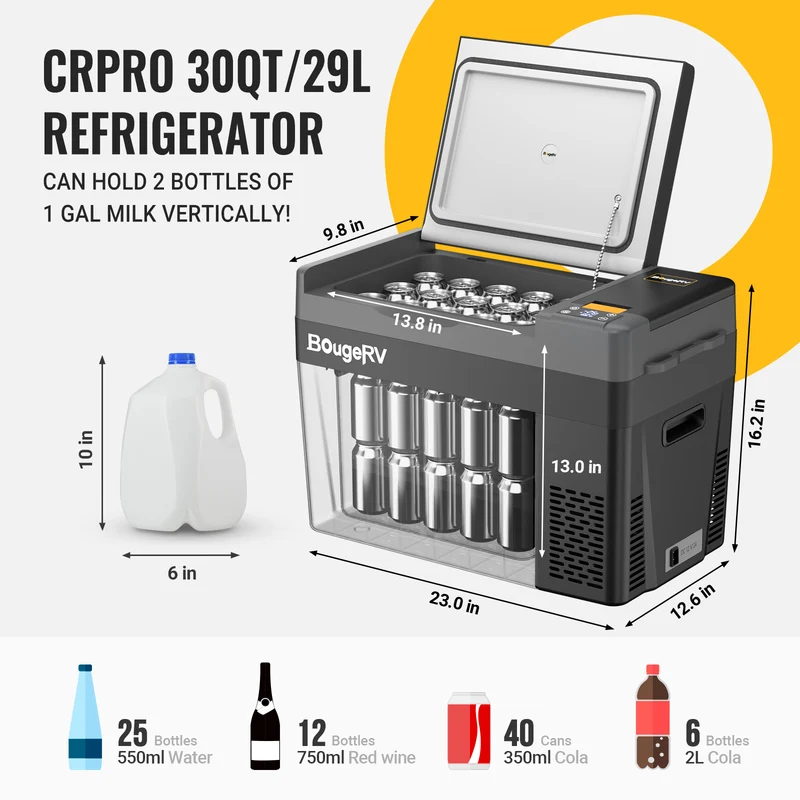 BougeRV CRPRO 29L 12V Tragbarer Auto Kühlschrank Schwarz mit 266 Wh Akku