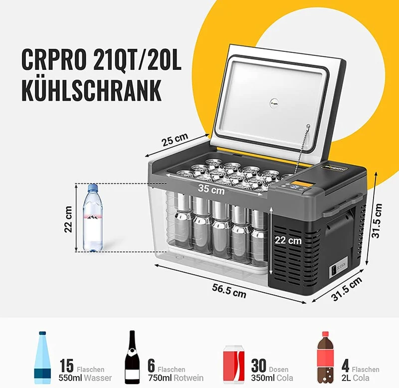 BougeRV CRPRO 20 L 12V Tragbarer Auto Kühlschrank Schwarz mit 266 Wh Akku