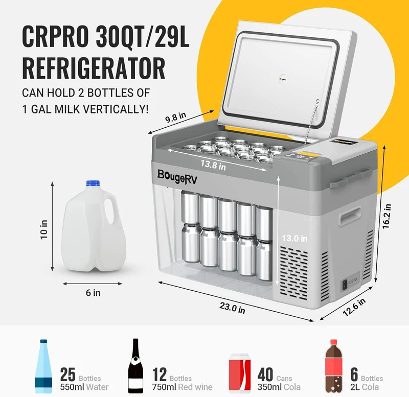 BougeRV CRPRO 29 L 12V Tragbarer Auto Kühlschrank Weiß mit 266 Wh Akku