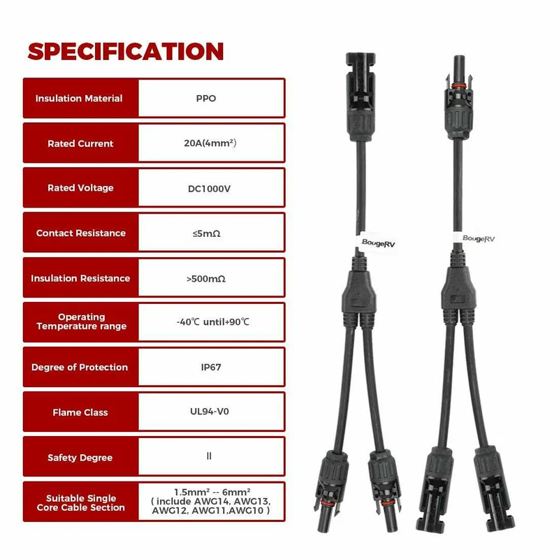 BougeRV Solar-Steckverbinder 1 Paar Solarstecker Y Verteiler（1 bis 2）Solarkabel für Solarpanel