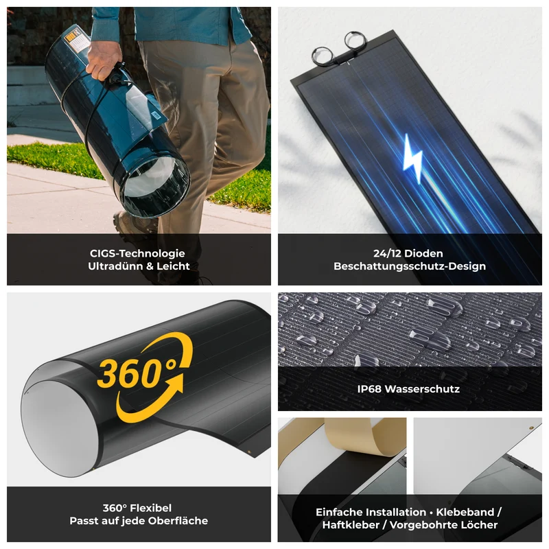 BougeRV Yuma 100W CIGS Solarpanel 360° Flexibles Solarmodule (Vorgebohrt)