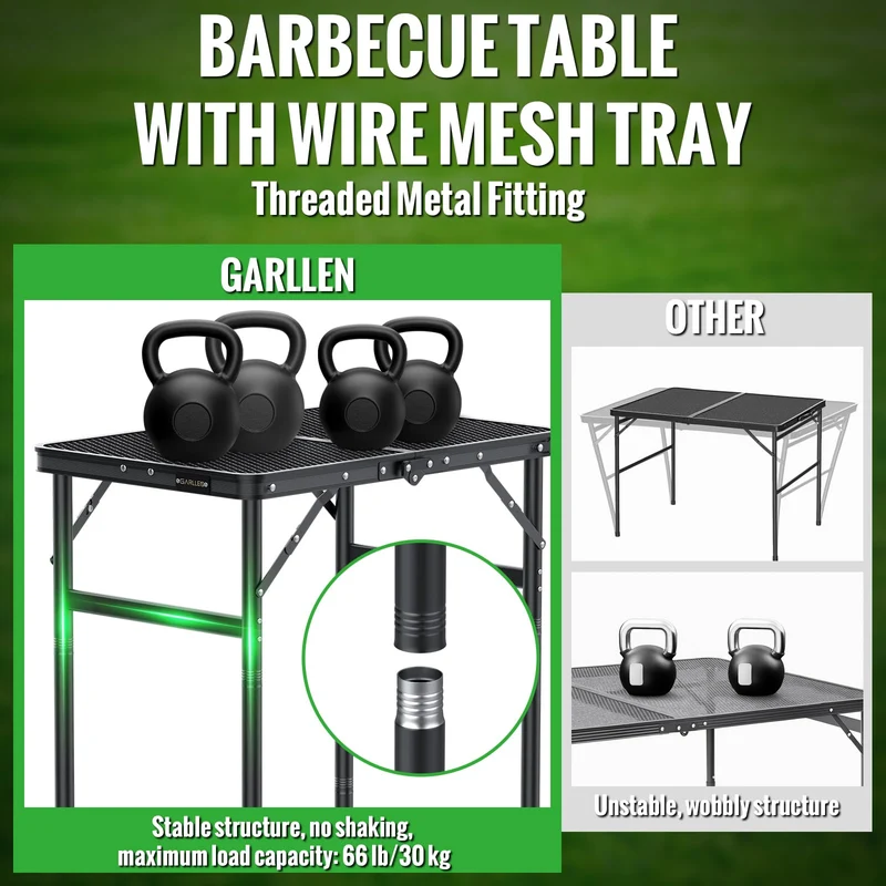 GARLLEN Grilltisch klappbar, Campingtisch 60 x 40 cm, höhenverstellbar