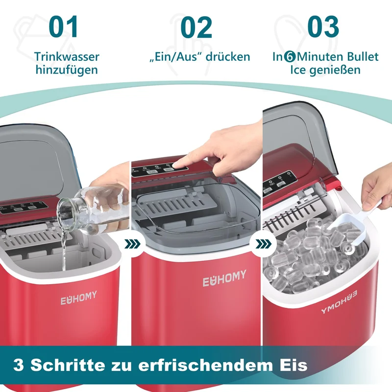 EUHOMY Eiswürfelmaschine Klein, 12 kg/Tag, Selbstreinigend, Rot
