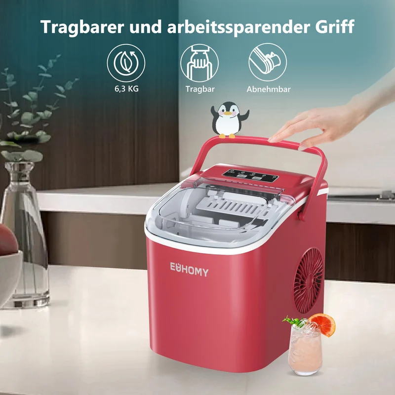 EUHOMY Eiswürfelmaschine Klein, 12 kg/Tag, Selbstreinigend, Rot