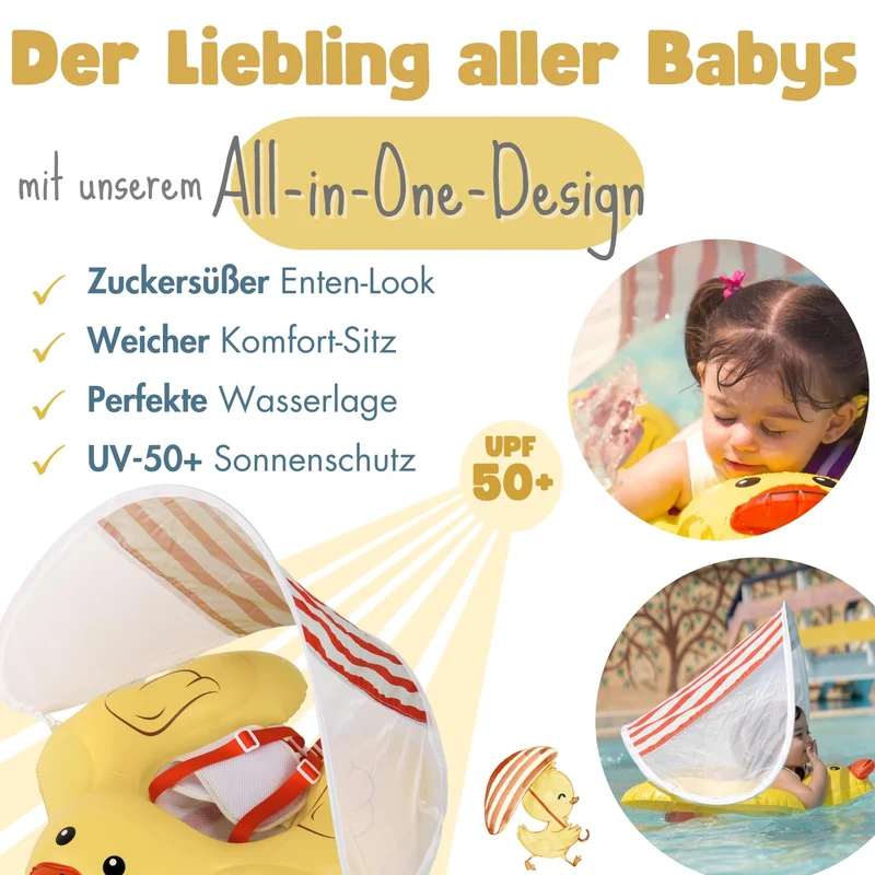 EDWEKIN Baby-Schwimmtrainer Ente mit abnehmbarem Sonnendach UPF 50+