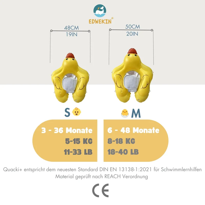 EDWEKIN Baby-Schwimmtrainer Ente mit abnehmbarem Sonnendach UPF 50+