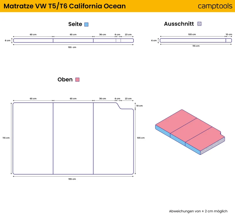 Faltbare Premium-Matratze für VW T5, T6, T6.1 California Ocean mit Memoryschaum