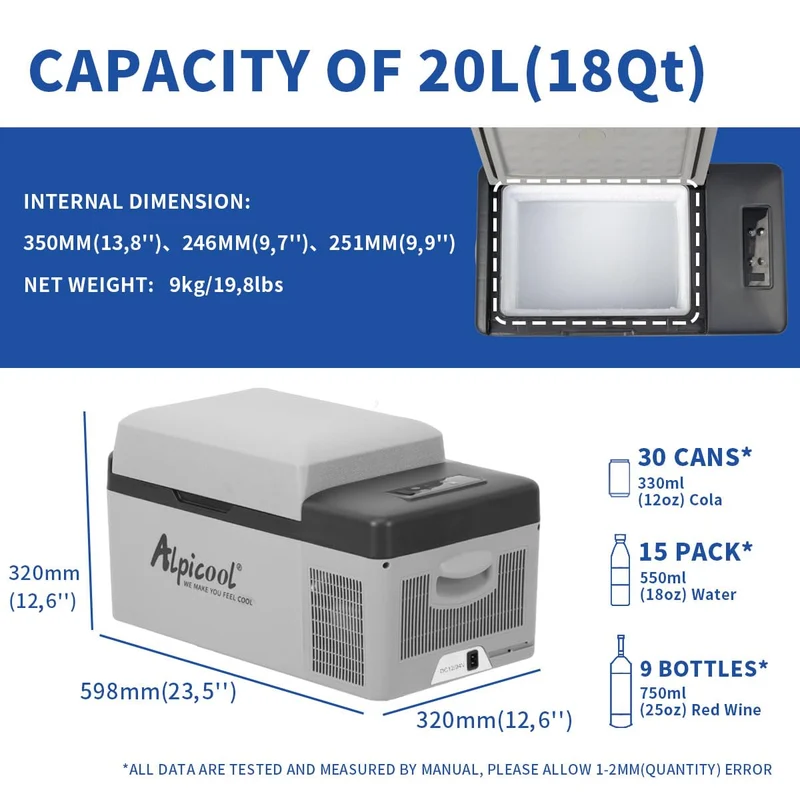 Alpicool C20 Kompressor-Kühlbox 20 l, tragbar, 12 V, -20 bis 20 °C