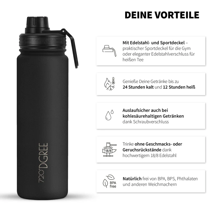 720°DGREE noLimit Trinkflasche Edelstahl 1,2 l – Thermosflasche