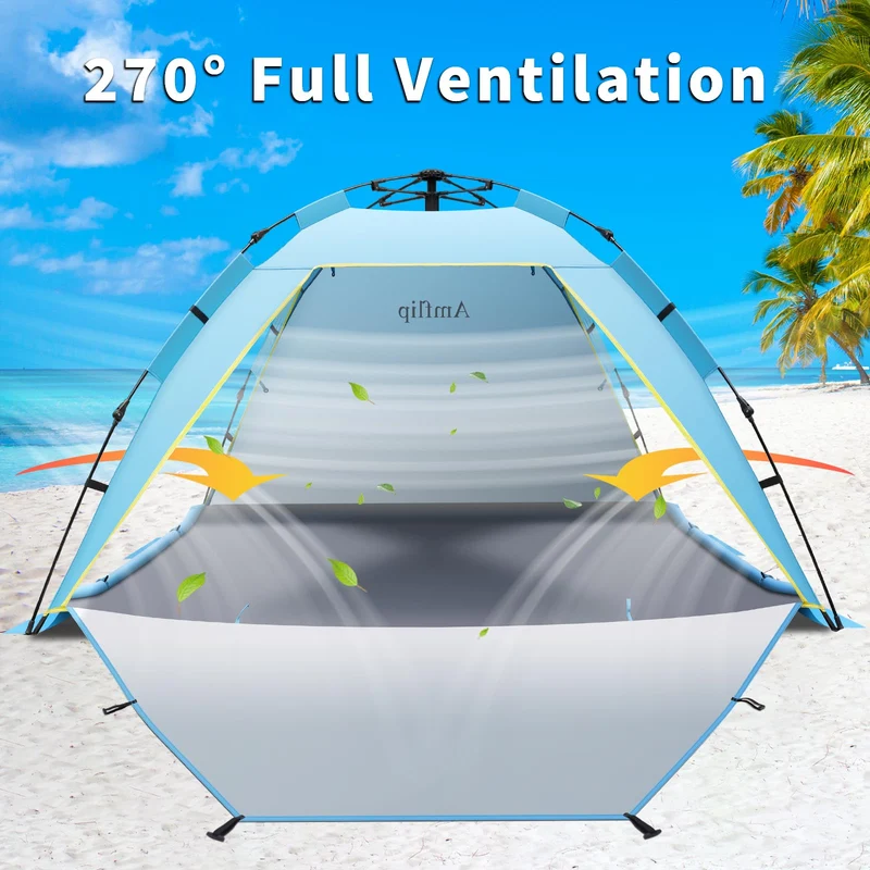 Amflip Pop-Up Strandzelt für 3-4 Personen, UPF 50+, 3 Türen