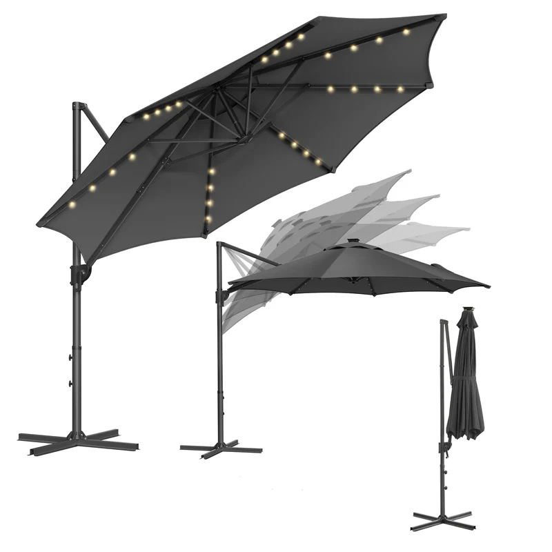 SONGMICS Ampelschirm 300 cm, Sonnenschirm mit Solar-LED, UPF 50+, grau