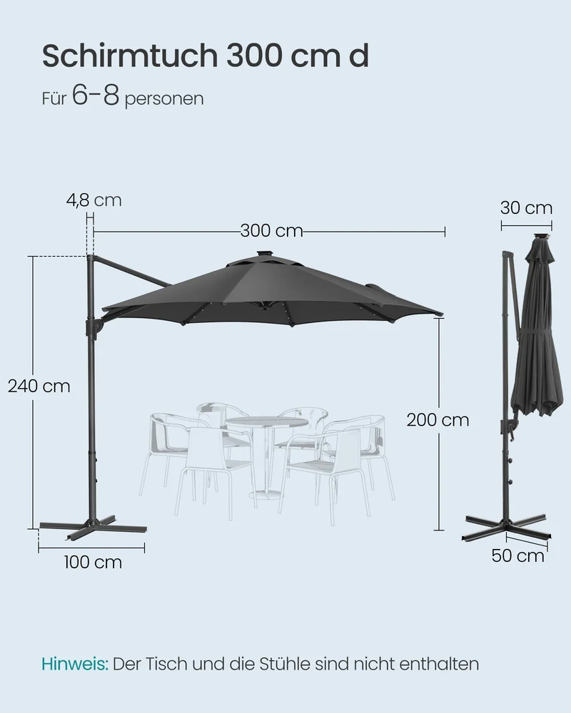 SONGMICS Ampelschirm 300 cm, Sonnenschirm mit Solar-LED, UPF 50+, grau